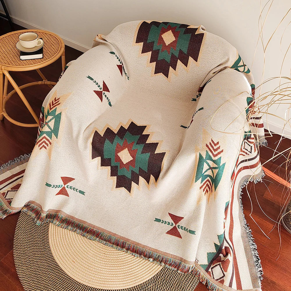 Manta Bohemia Azteca con Flecos Tejida Vintage Doble
