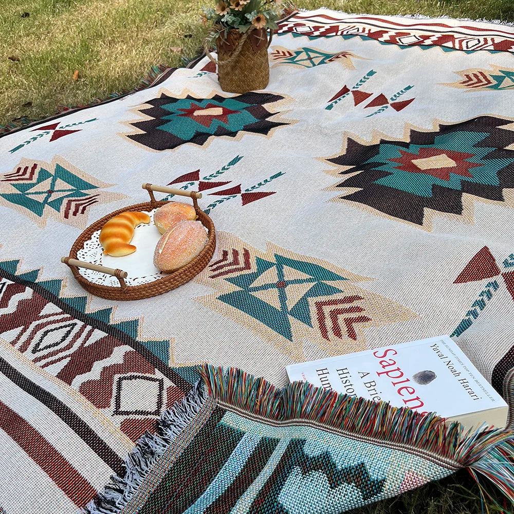 Manta Bohemia Azteca con Flecos Tejida Vintage Doble