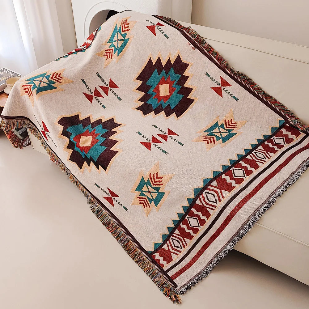 Manta Bohemia Azteca con Flecos Tejida Vintage Doble