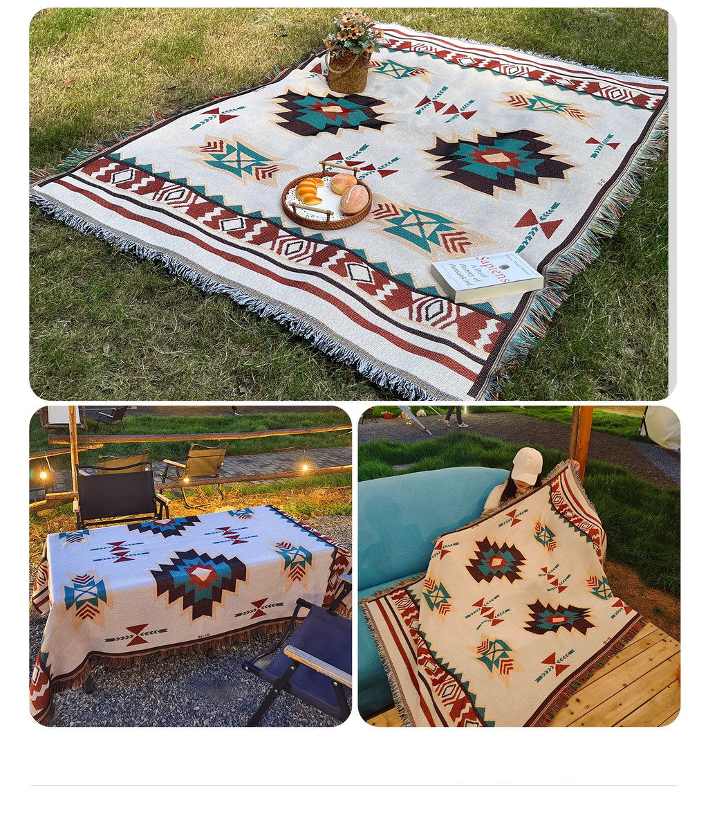 Manta Bohemia Azteca con Flecos Tejida Vintage Doble