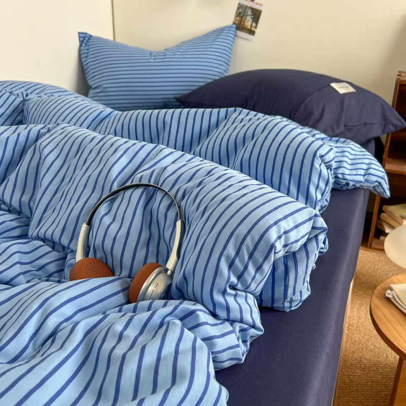 Juego de Funda Nórdica Rayas Azul con Funda Almohada