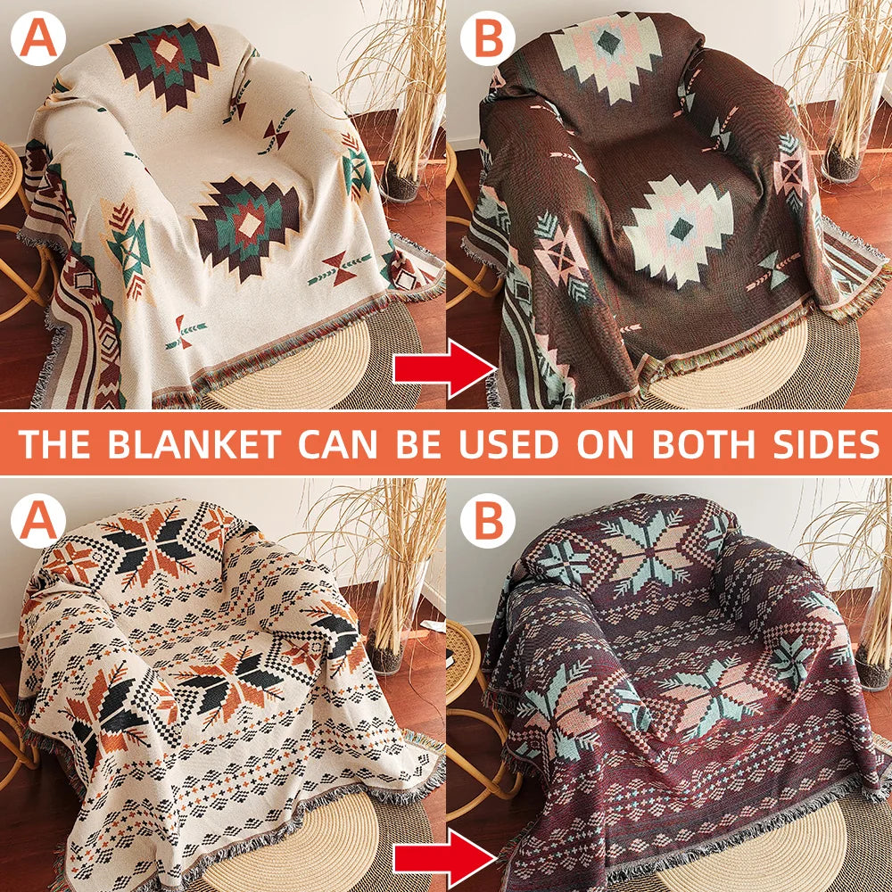 Manta Bohemia Azteca con Flecos Tejida Vintage Doble