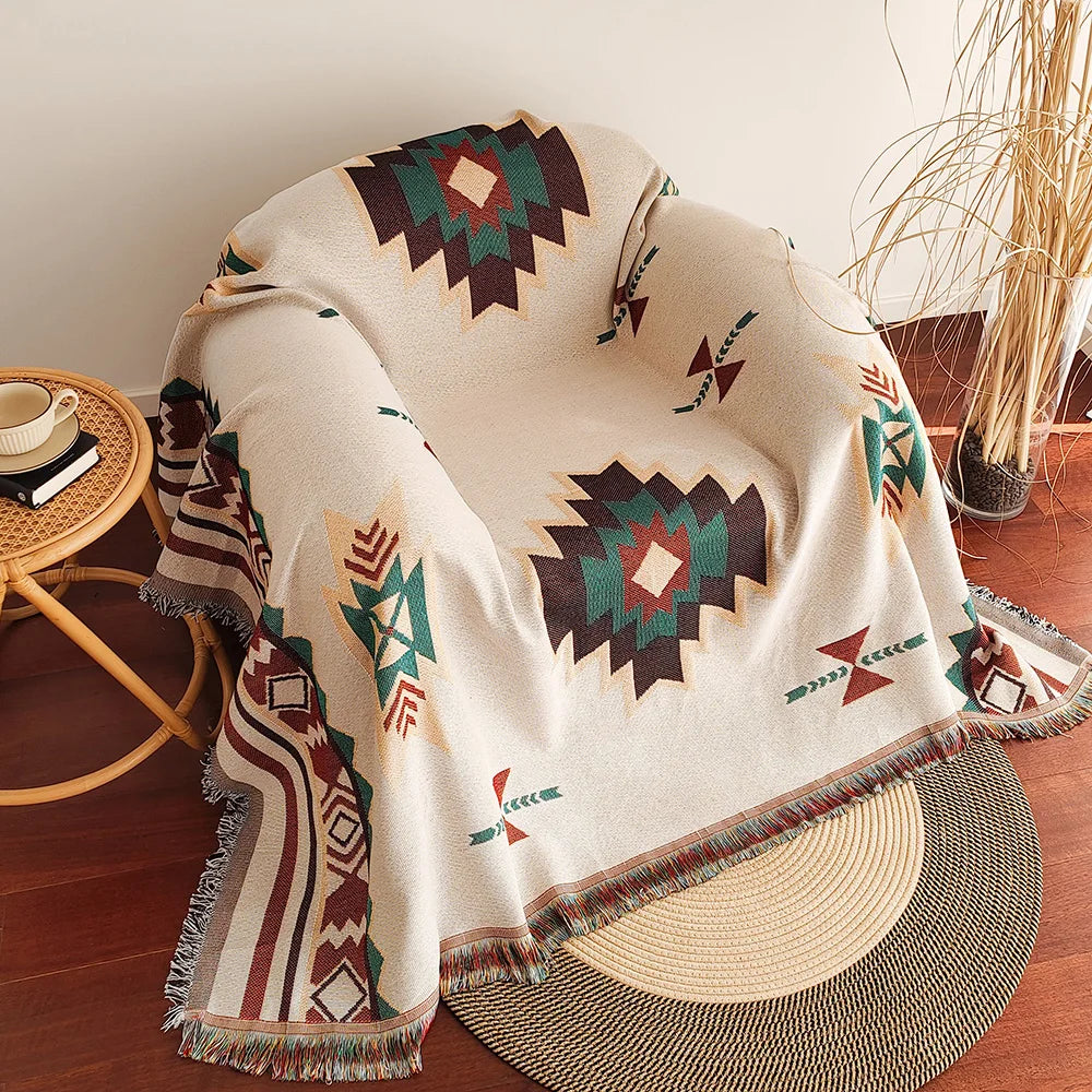 Manta Bohemia Azteca con Flecos Tejida Vintage Doble