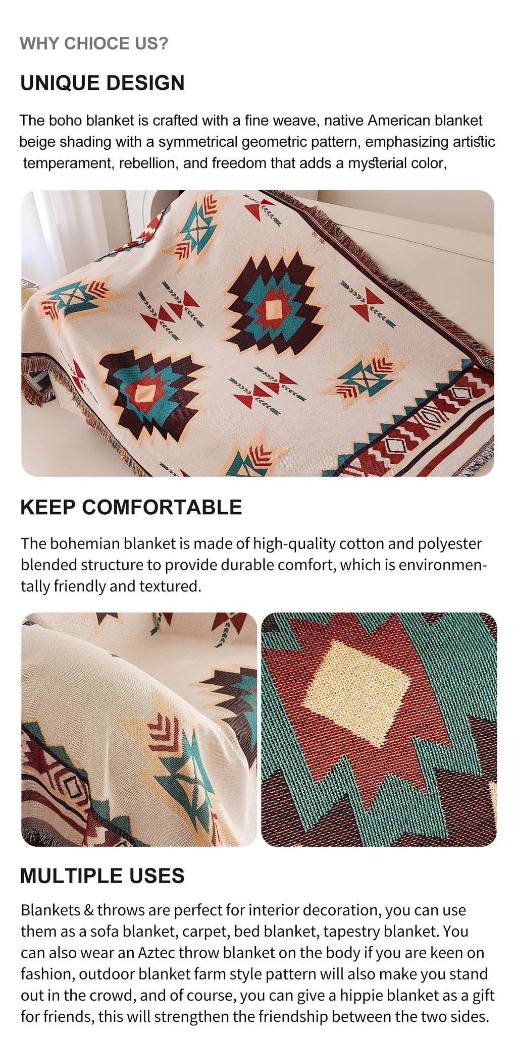 Manta Bohemia Azteca con Flecos Tejida Vintage Doble