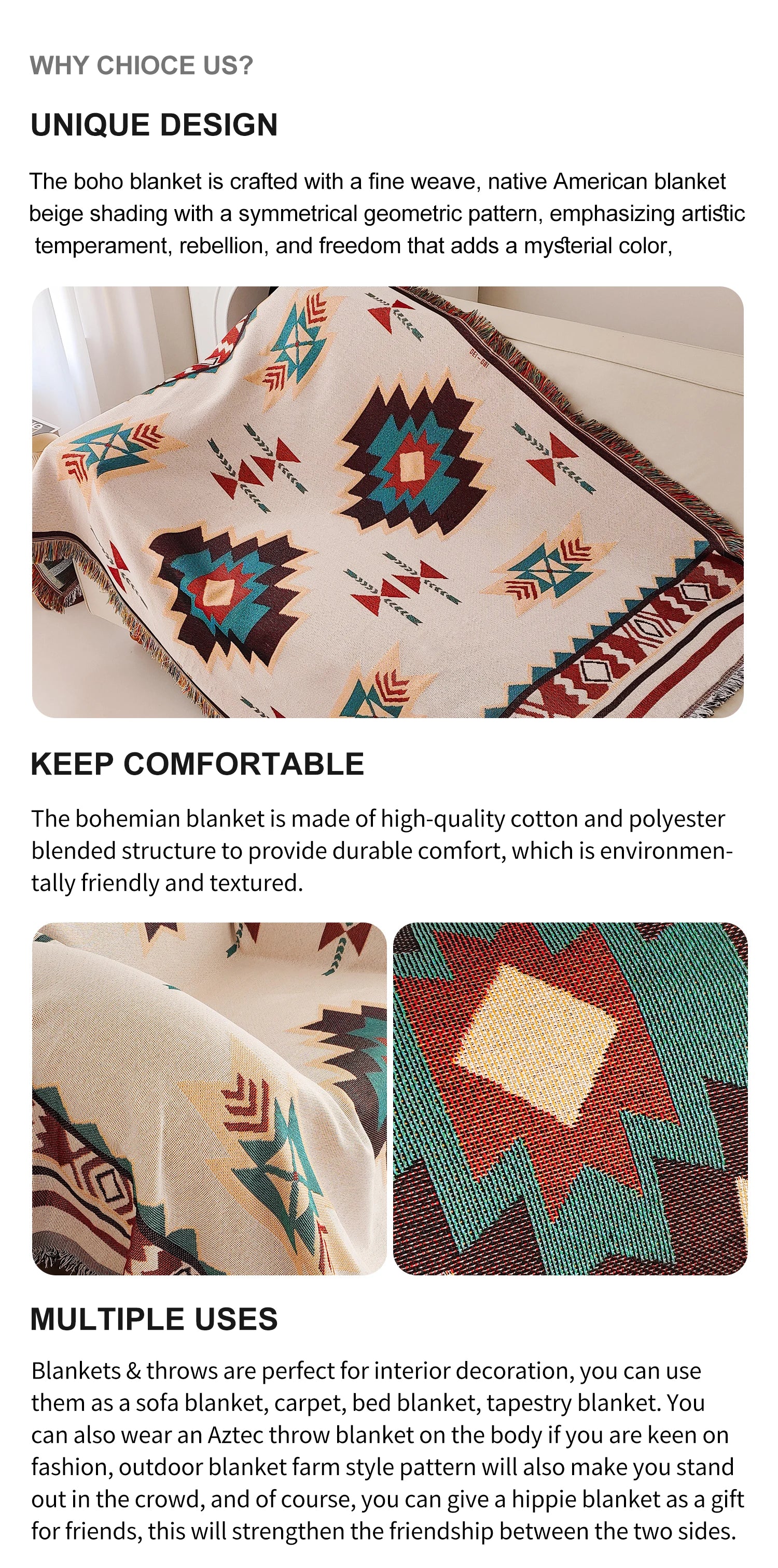 Manta Bohemia Azteca con Flecos Tejida Vintage Doble
