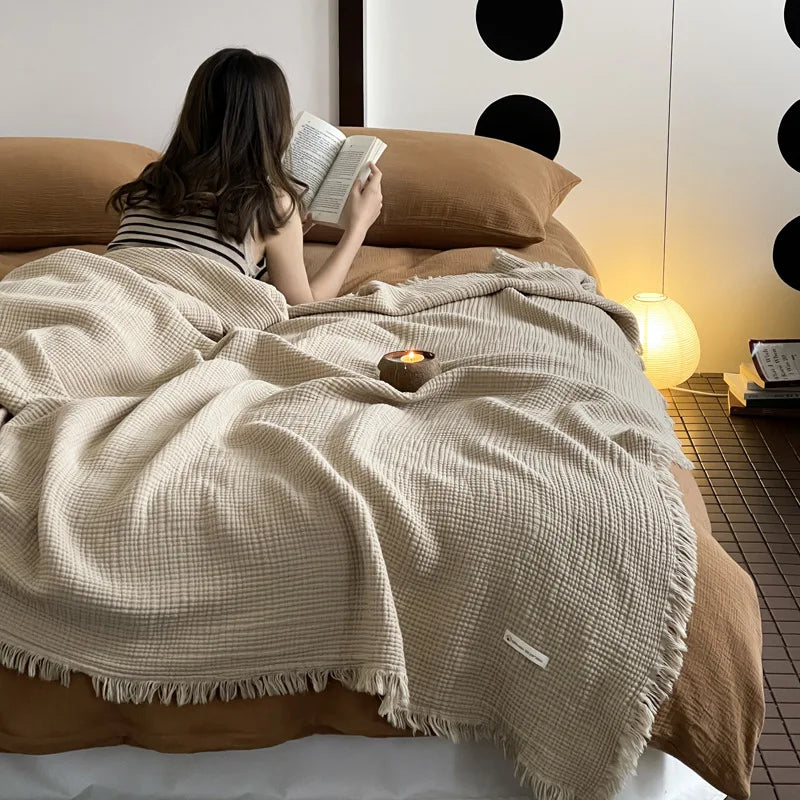 Manta Algodón 100% con Borlas 4 Capas para Sofá y Siesta