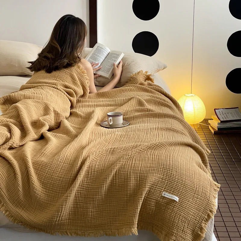 Manta Algodón 100% con Borlas 4 Capas para Sofá y Siesta