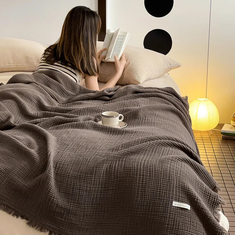 Manta Algodón 100% con Borlas 4 Capas para Sofá y Siesta