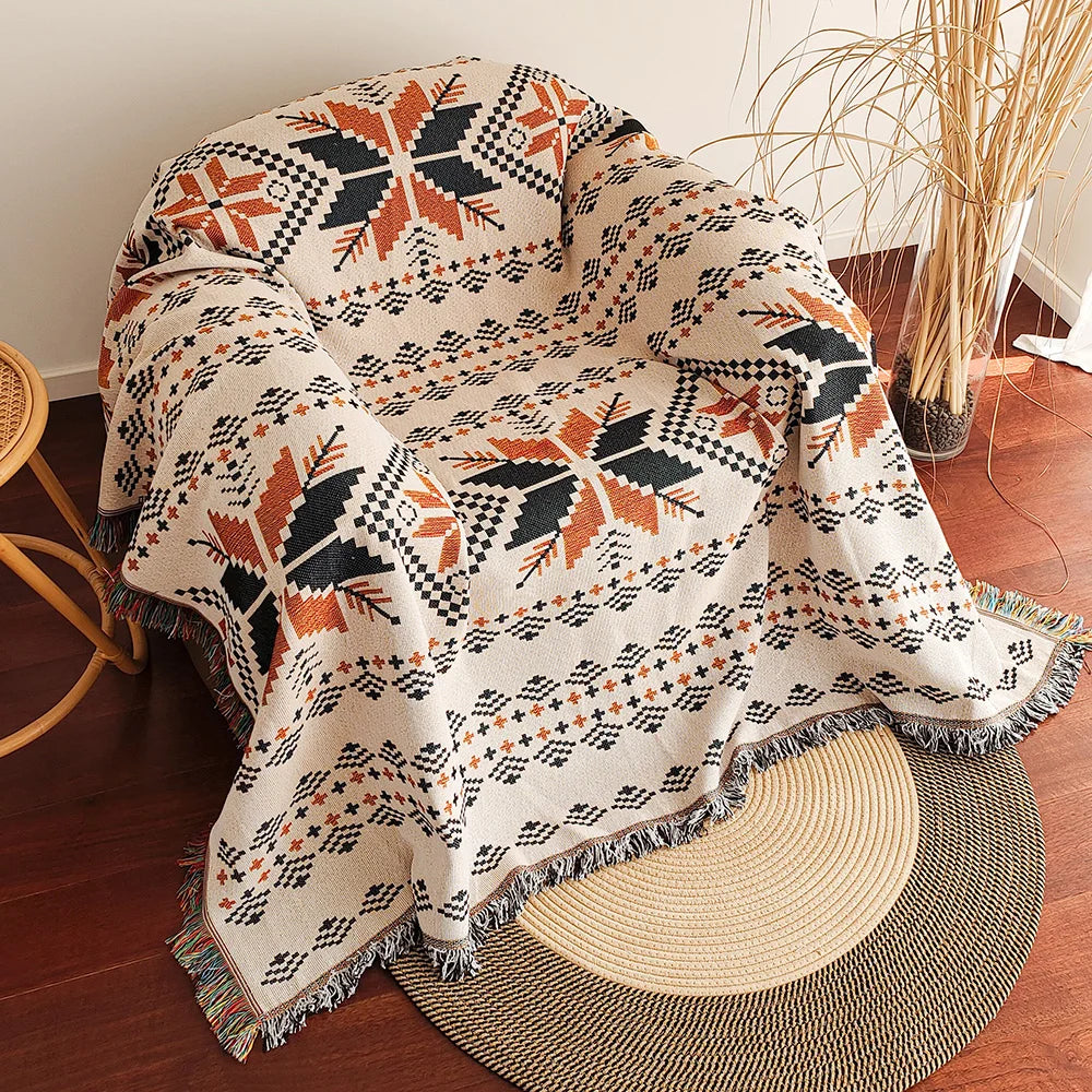 Manta Bohemia Azteca con Flecos Tejida Vintage Doble