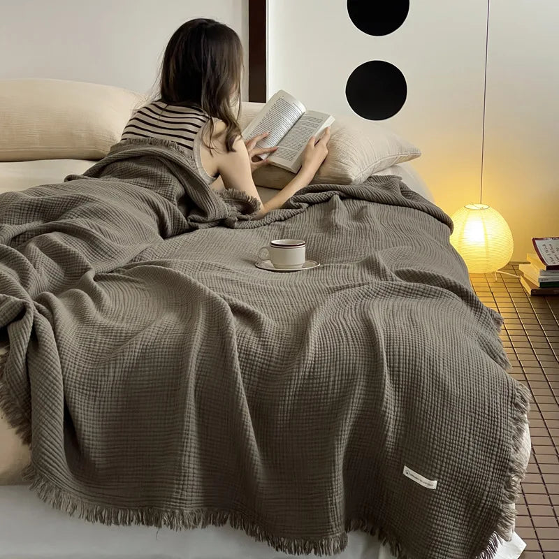 Manta Algodón 100% con Borlas 4 Capas para Sofá y Siesta